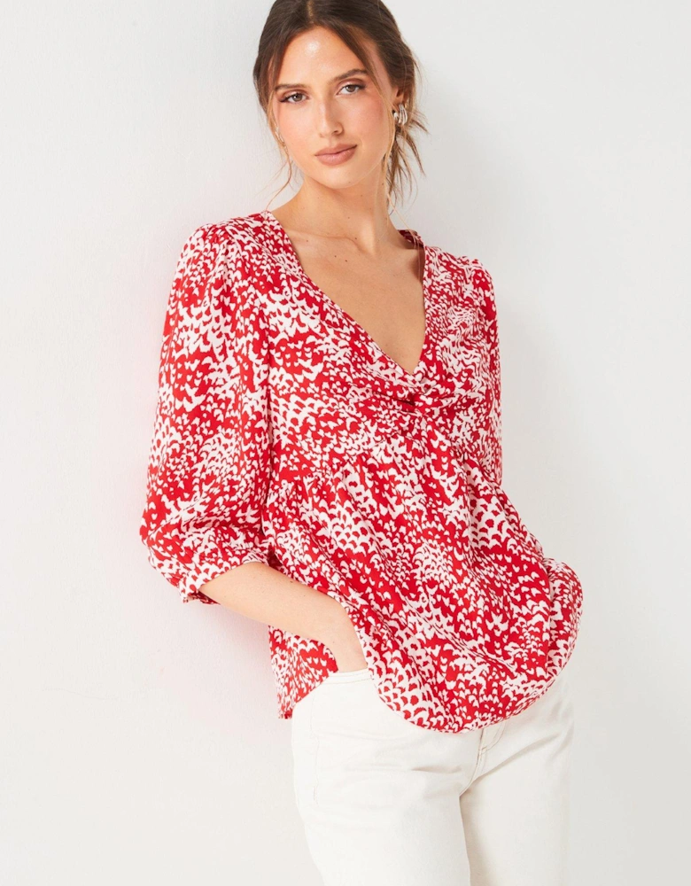 Twist Front Abstract Printed Blouse - Red