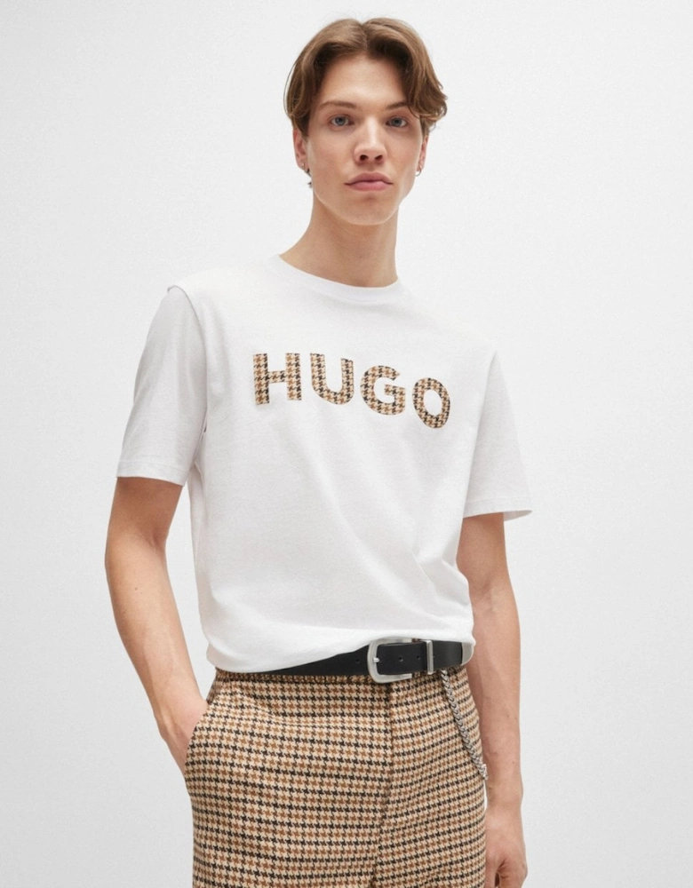 HUGO Dulivio Mens Cotton-Jersey Regular Fit T-Shirt with Houndstooth Logo