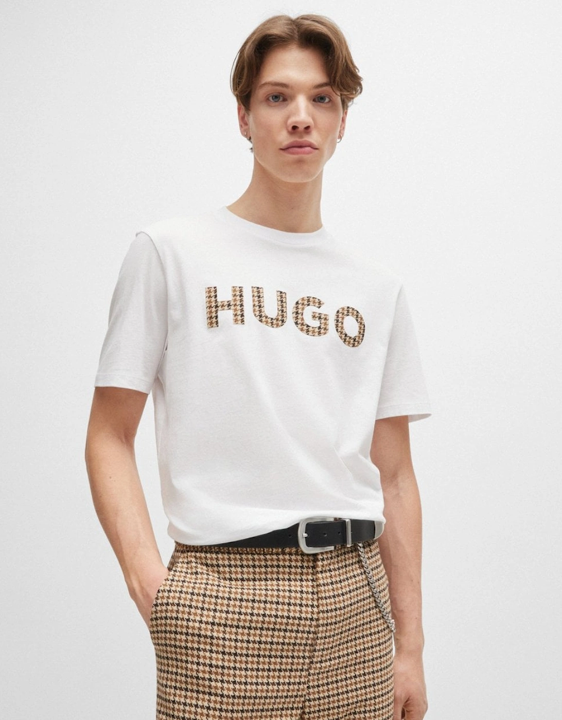 HUGO Dulivio Mens Cotton-Jersey Regular Fit T-Shirt with Houndstooth Logo, 5 of 4