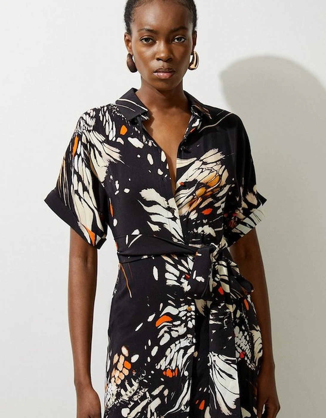 Butterfly Print Viscose Crepe Twist Front Midi Shirt Dress