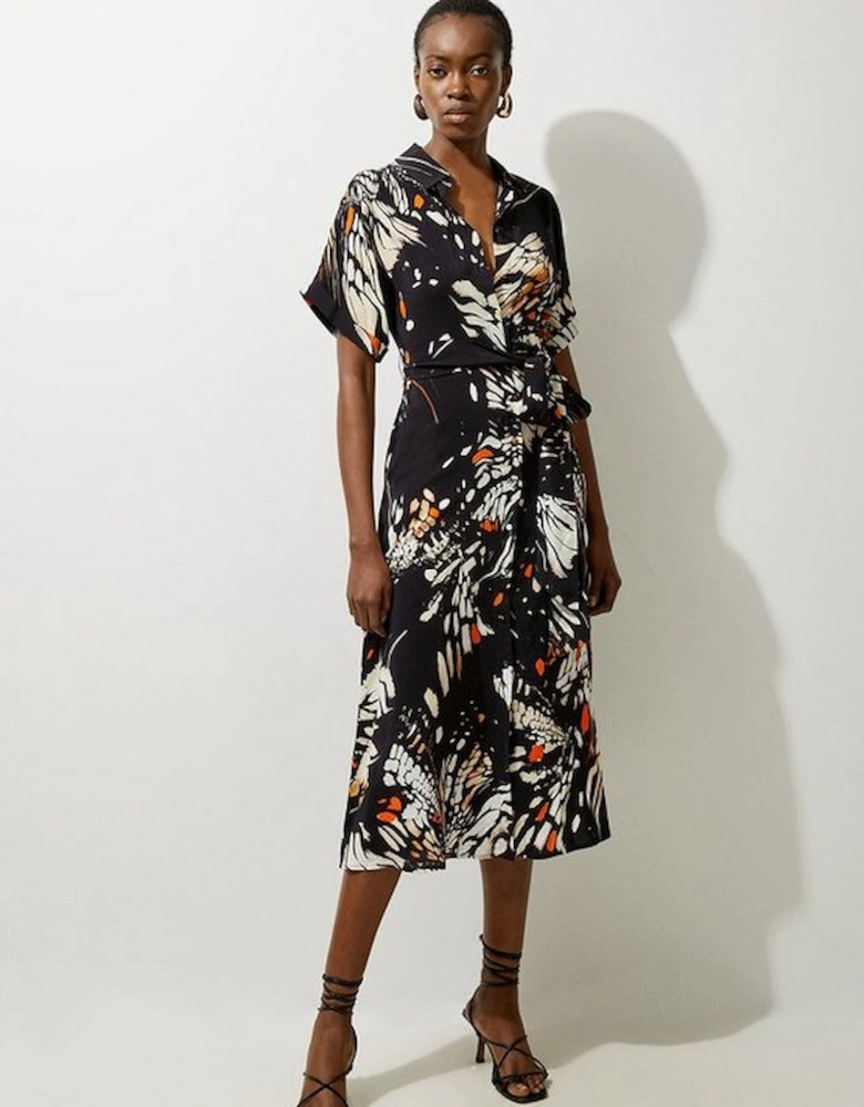 Butterfly Print Viscose Crepe Twist Front Midi Shirt Dress