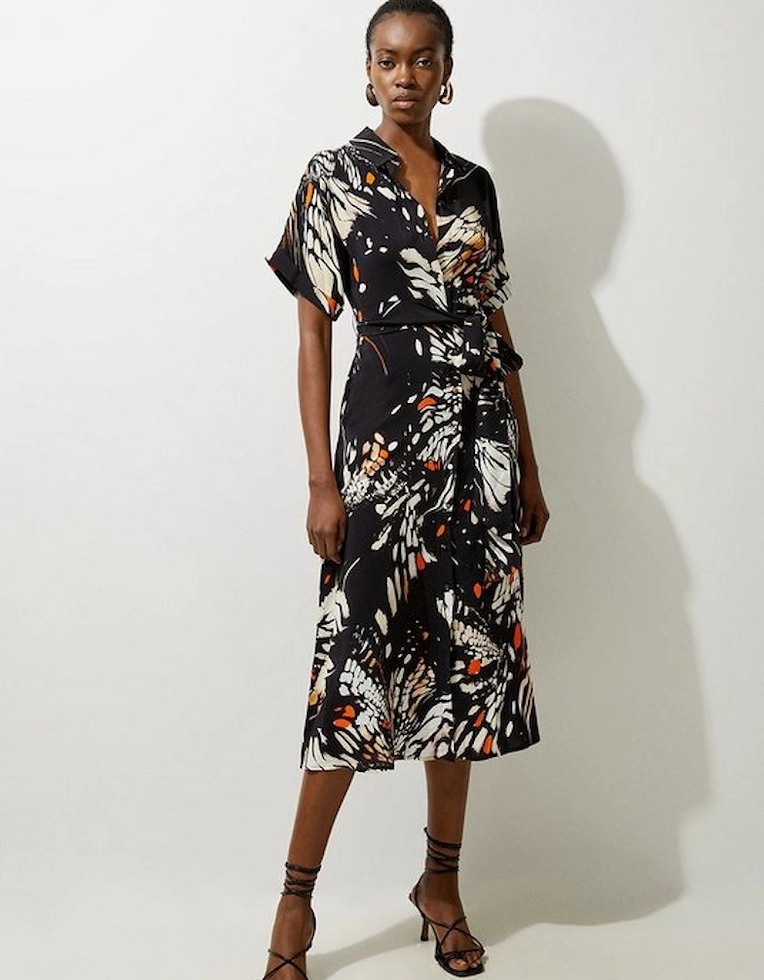 Butterfly Print Viscose Crepe Twist Front Midi Shirt Dress, 5 of 4