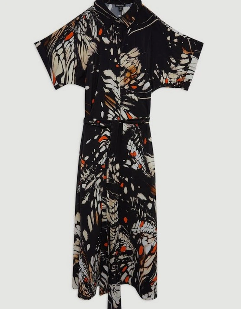 Butterfly Print Viscose Crepe Twist Front Midi Shirt Dress