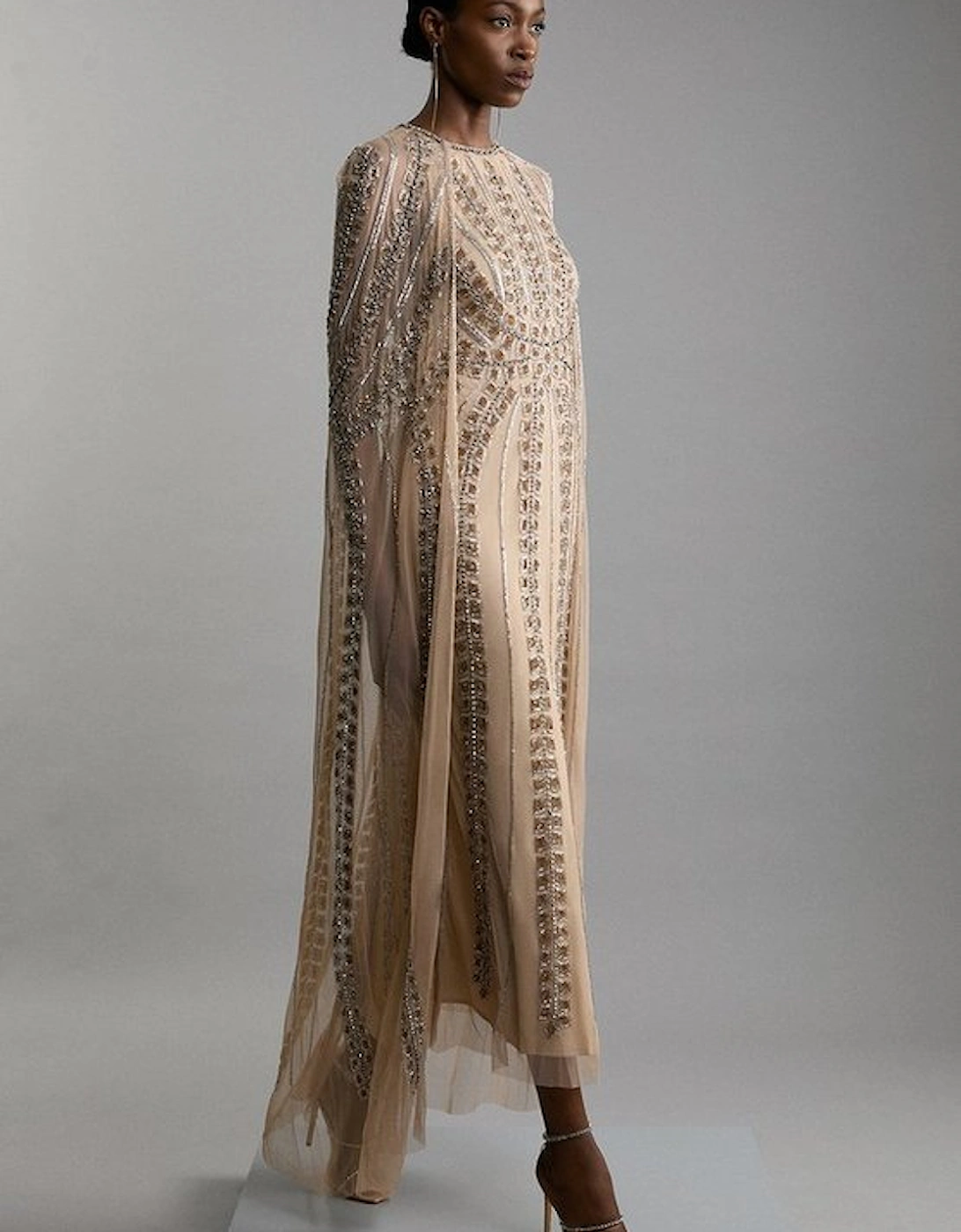 Premium Embellished Cape Maxi Dress