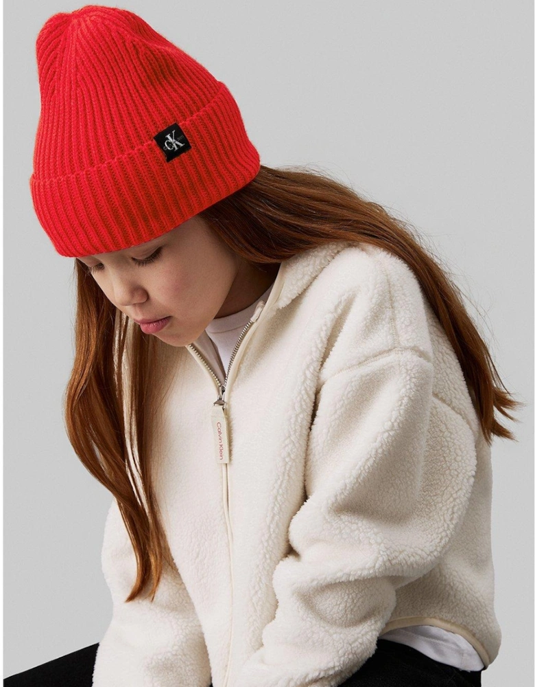 Kids Monogram Rib Beanie - Red