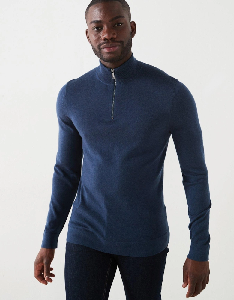 Merino Quarter Zip Knitted Polo Shirt - Dark Blue