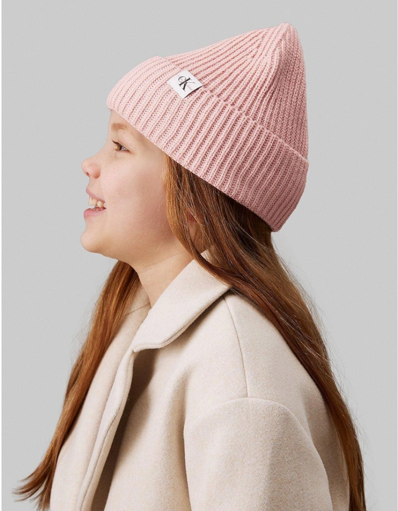 Kids Monogram Rib Beanie - Light Pink