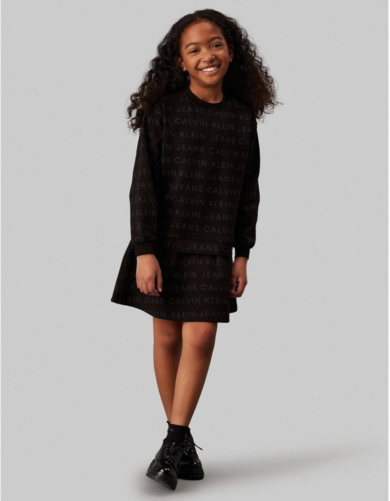 Girls Logo All Over Print Fleece Long Sleeve Dress - Black