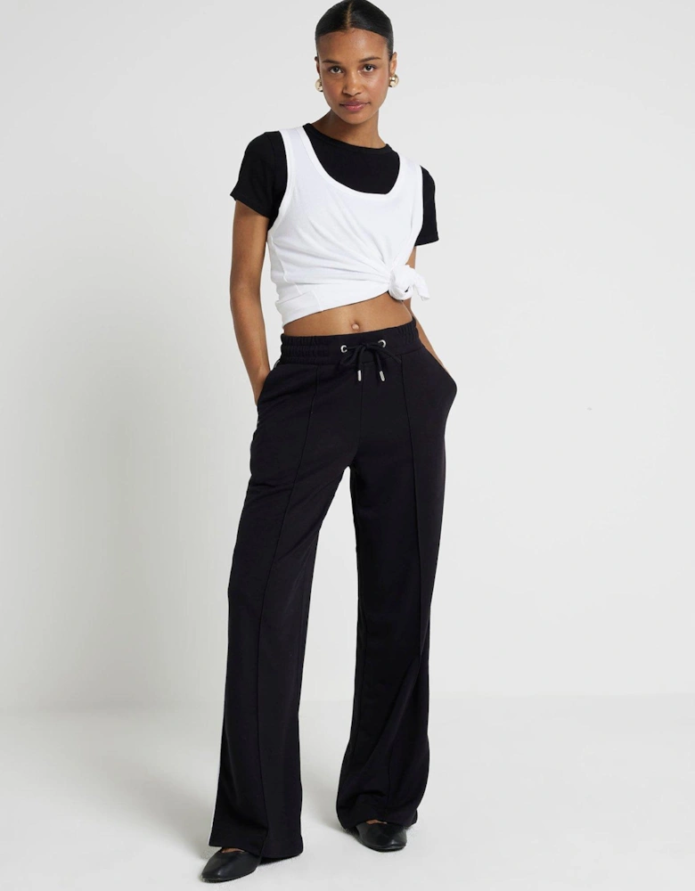 Wide Leg Side Pipping Jogger - Black