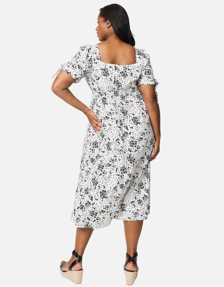 Womens/Ladies Floral Square Neck Tie Sleeves Midi Dress