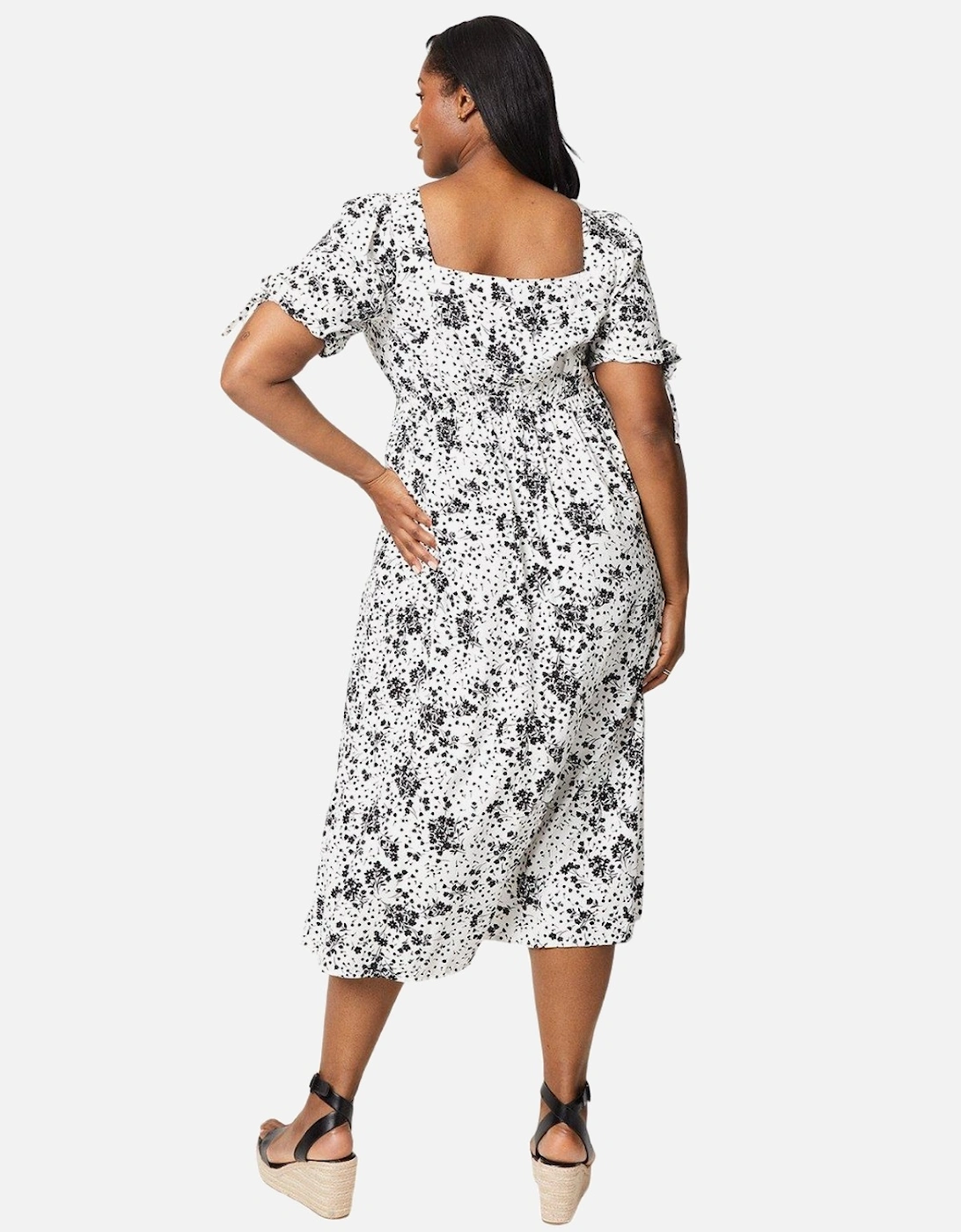Womens/Ladies Floral Square Neck Tie Sleeves Midi Dress