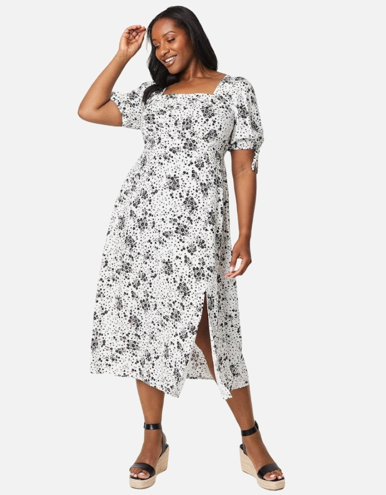 Womens/Ladies Floral Square Neck Tie Sleeves Midi Dress