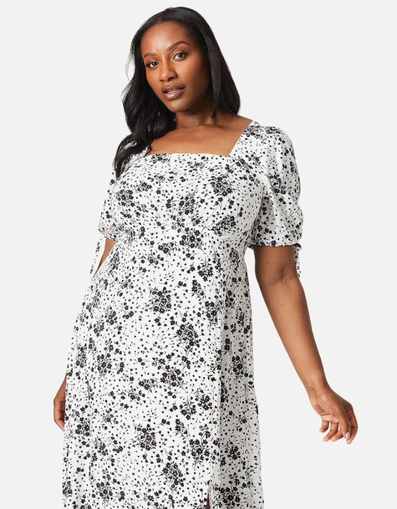 Womens/Ladies Floral Square Neck Tie Sleeves Midi Dress