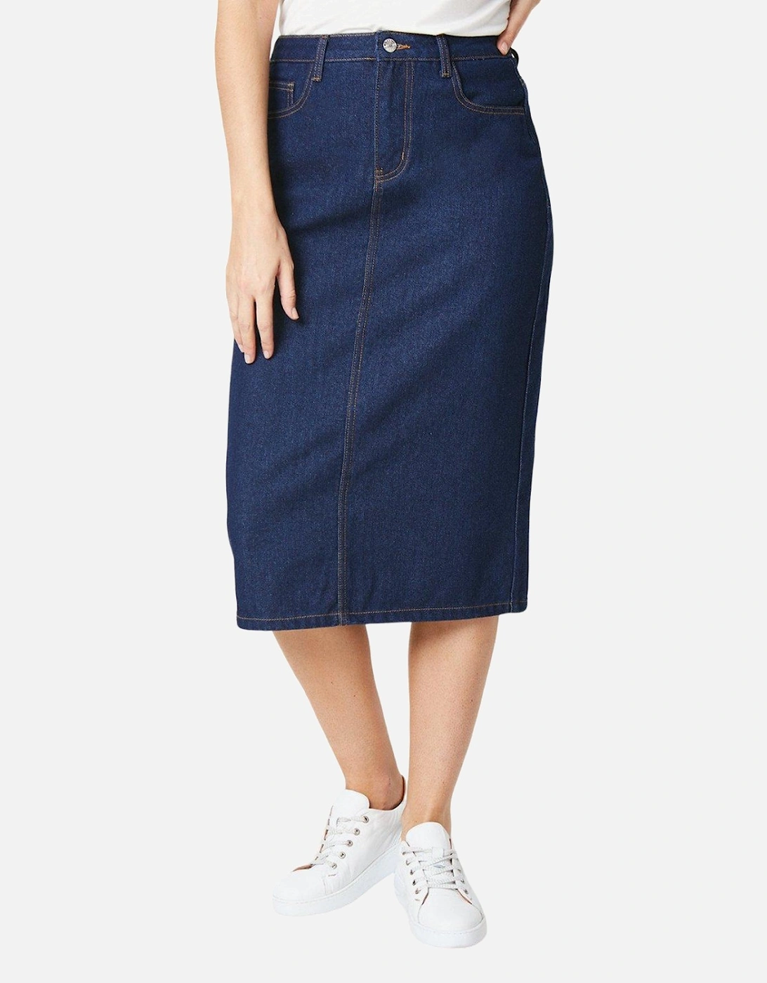 Womens/Ladies Denim Split Hem Midi Skirt, 4 of 3