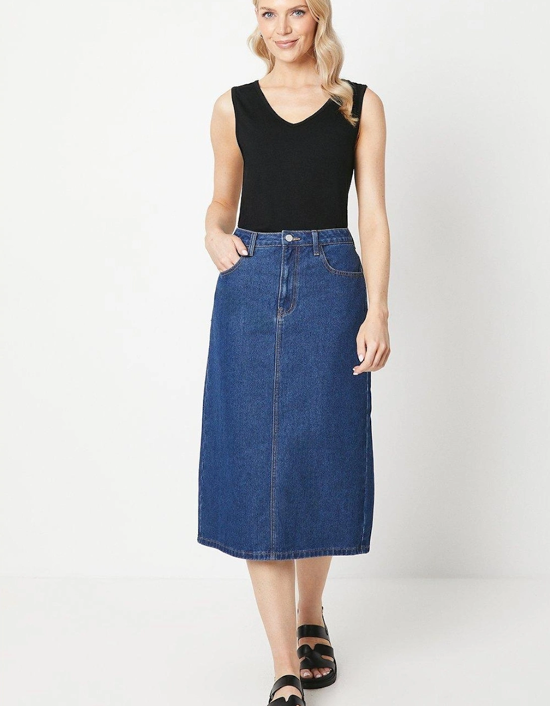 Womens/Ladies Denim Split Hem Midi Skirt, 2 of 1