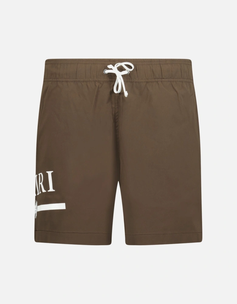 Ma Bar White Logo Drawstring Swim Shorts Brown