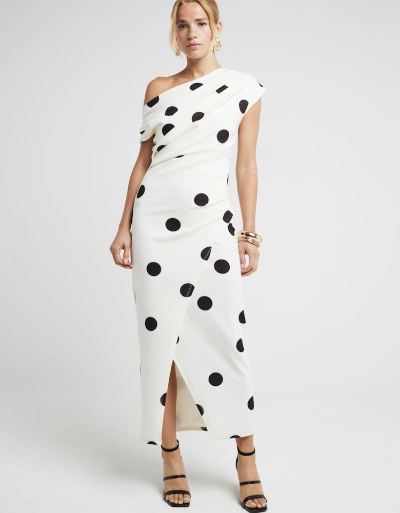 Asymmetric Drape Spot Midi Dress - Cream