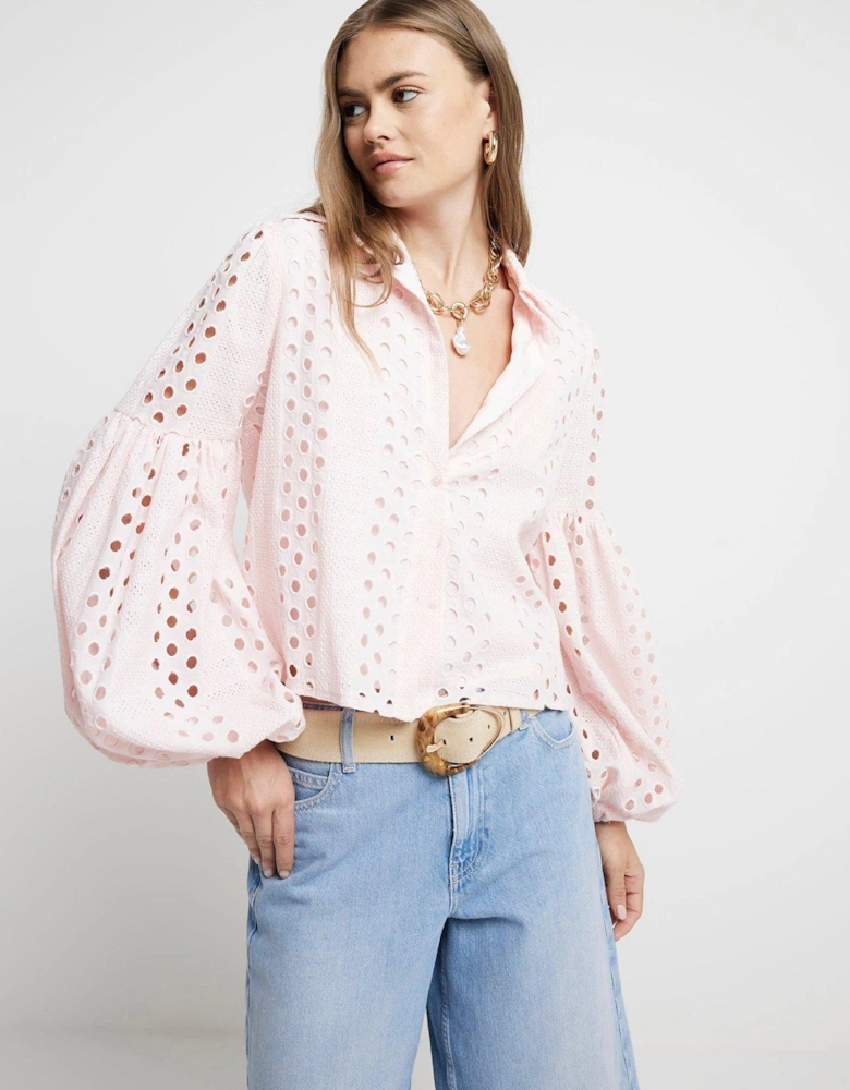 Broderie Puff Sleeve Shirt - Light Pink