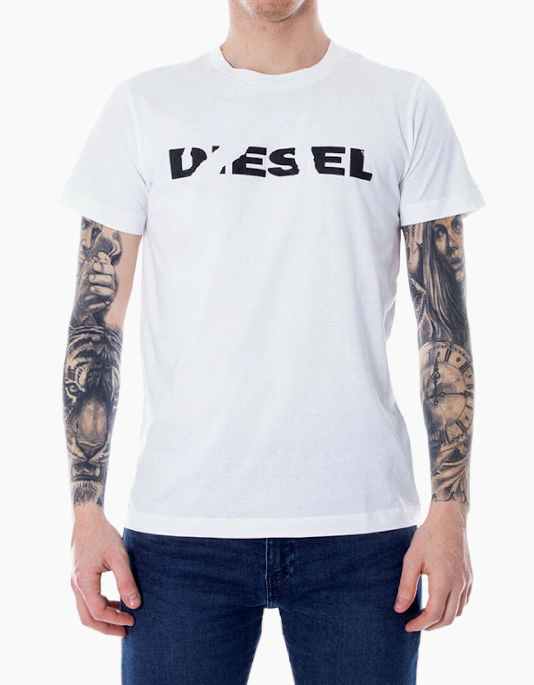 Men's DIESEL T DIEGO BROK Mens T Shirt Crew Neck Tops Short Sleeve Cotton White Tee - Size: 40