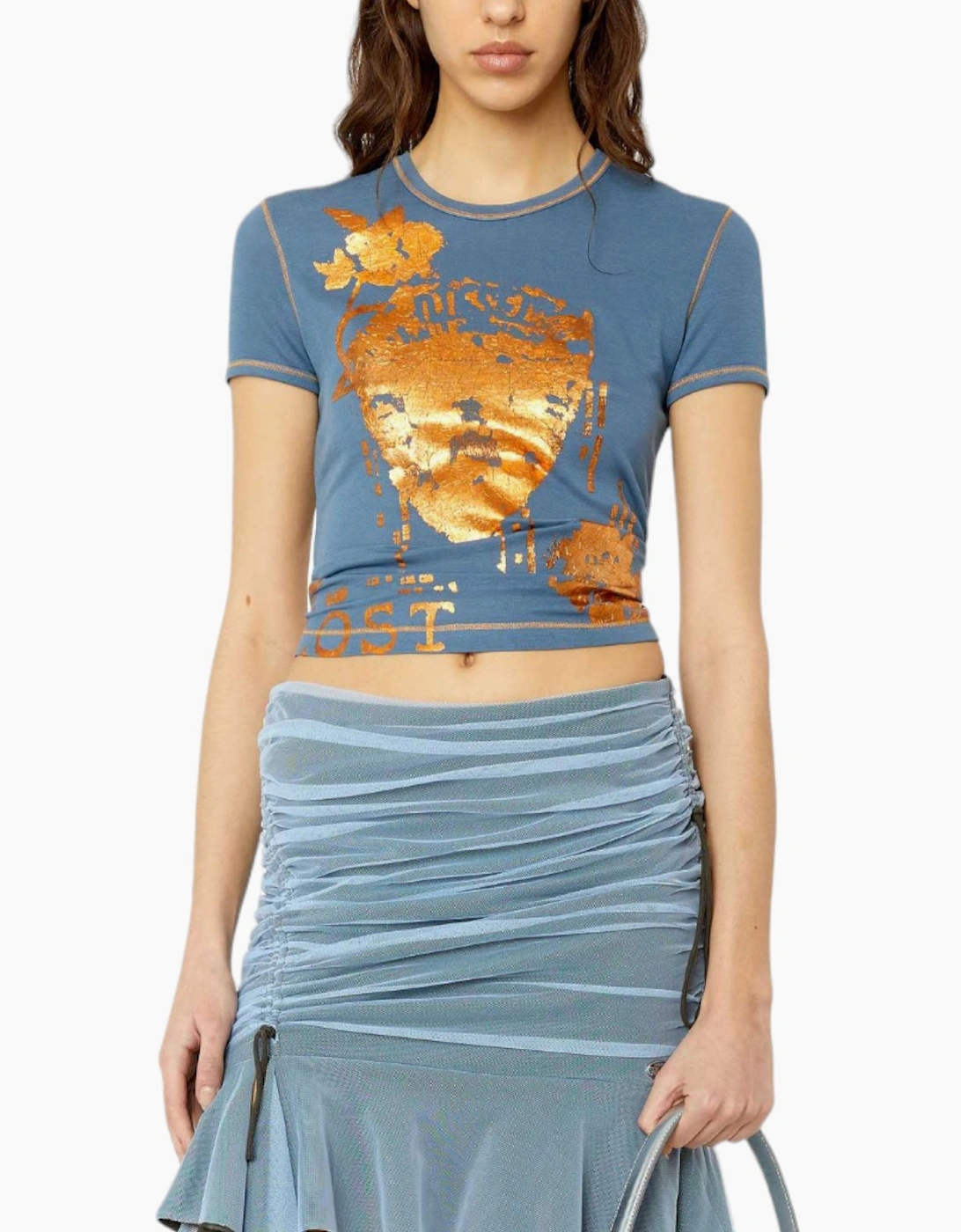 Women's DIESEL T-UNCUTIE-LONG Womens Graphic T Shirt Crew Neck Short Sleeve Summer Top - Blue - Size: 10/8