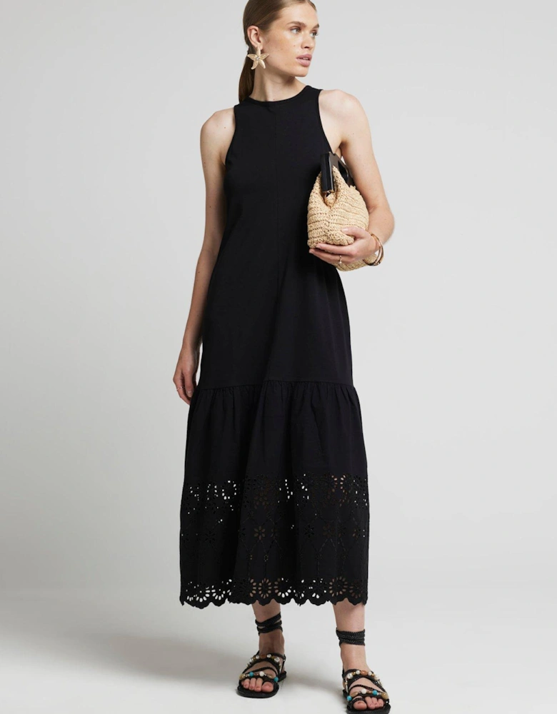 Broderie Hem Midi Dress - Black