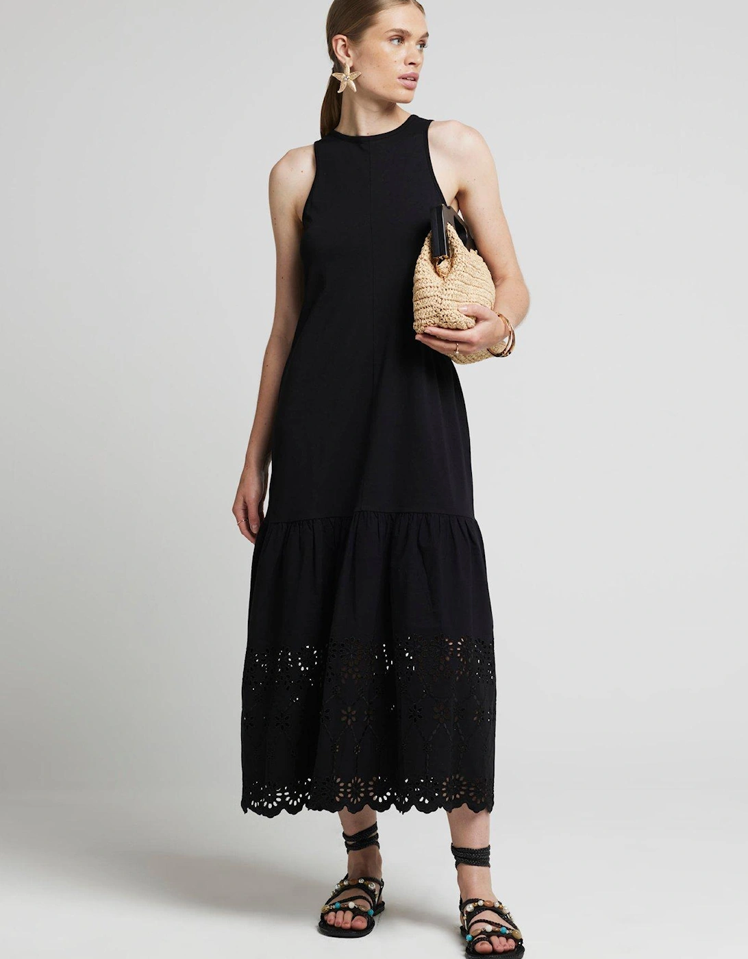 Broderie Hem Midi Dress - Black, 6 of 5