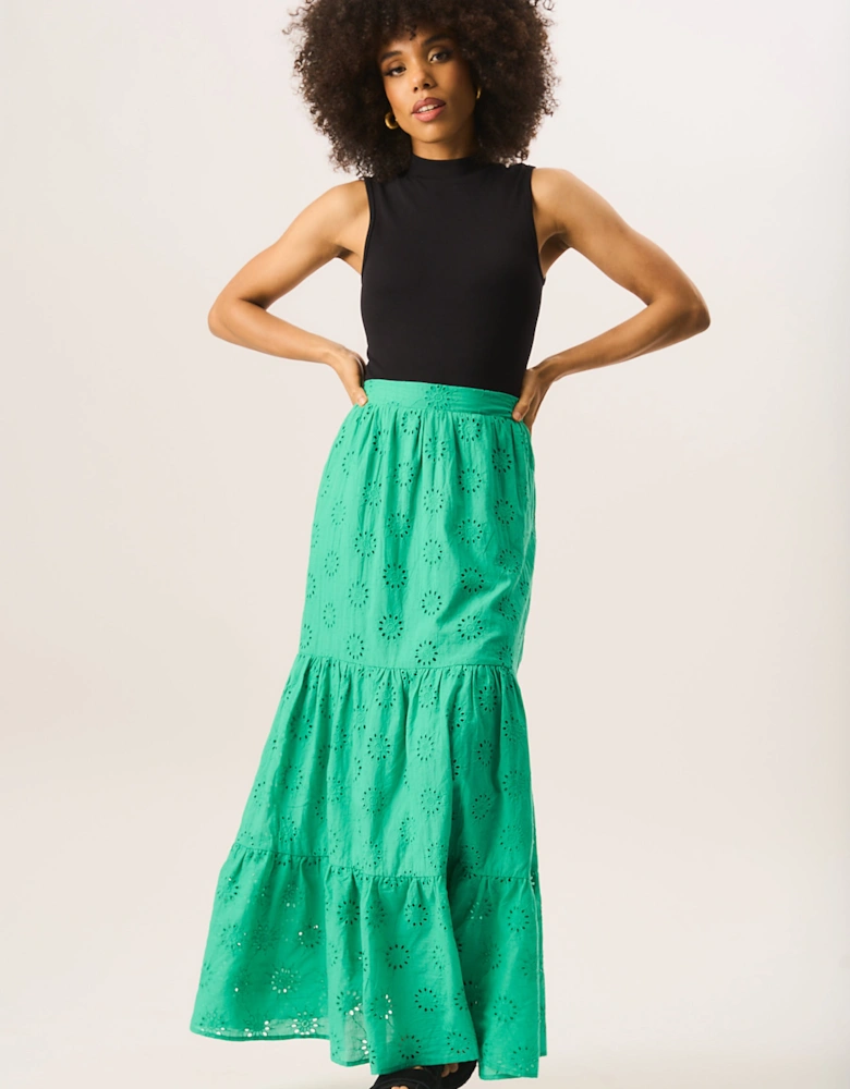 Green Tiered Lace Embroidered Long Skirt