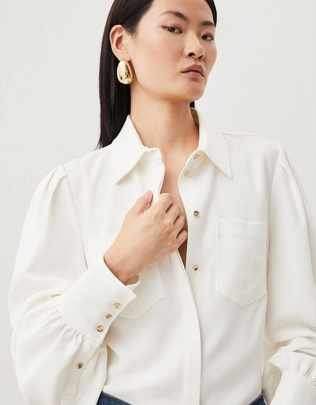 Viscose Crepe Statement Sleeve Collared Blouse, 5 of 4