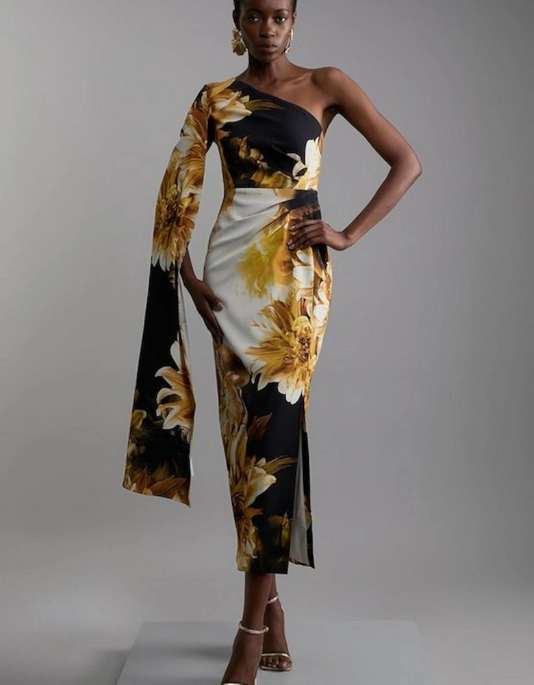 Compact Stretch Viscose Printed Photographic Floral One Shoulder Cape Maxi Dress