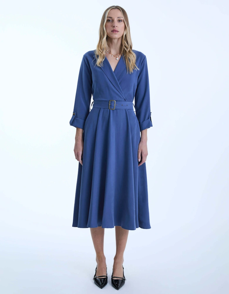 Belted Denim Suit Midi Dress