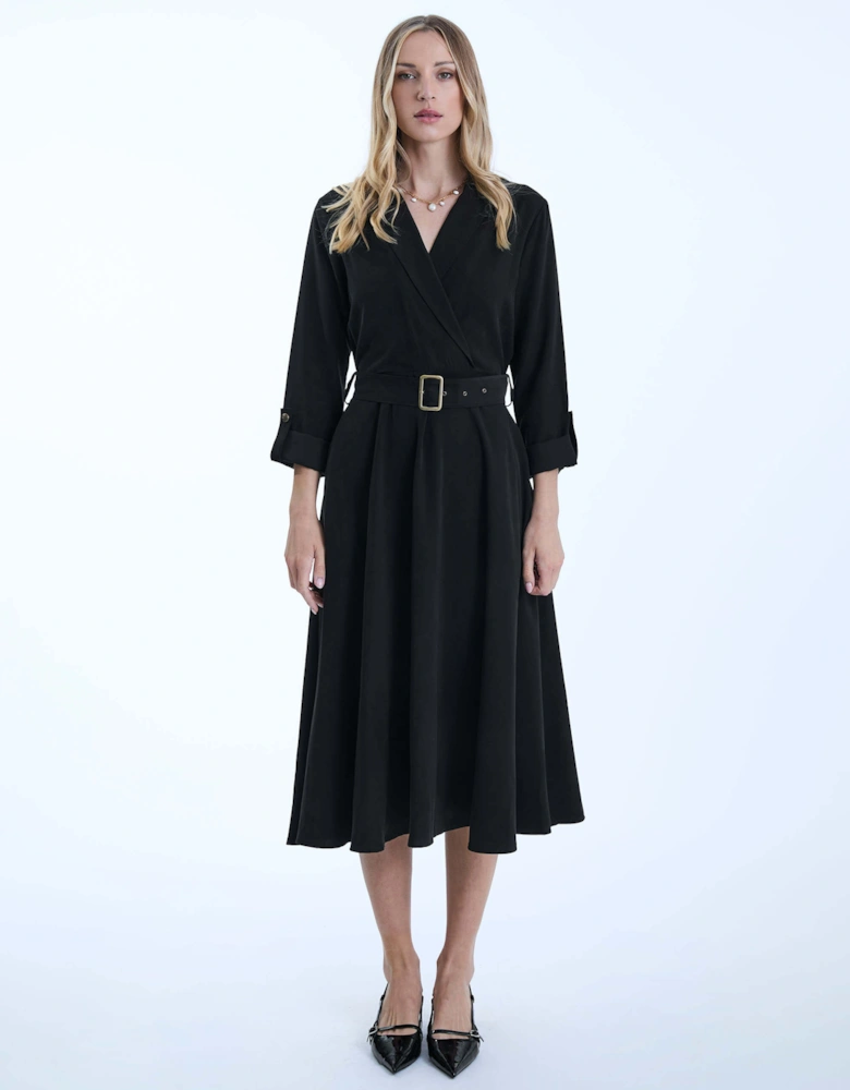 Belted Black Suit Midi Dress