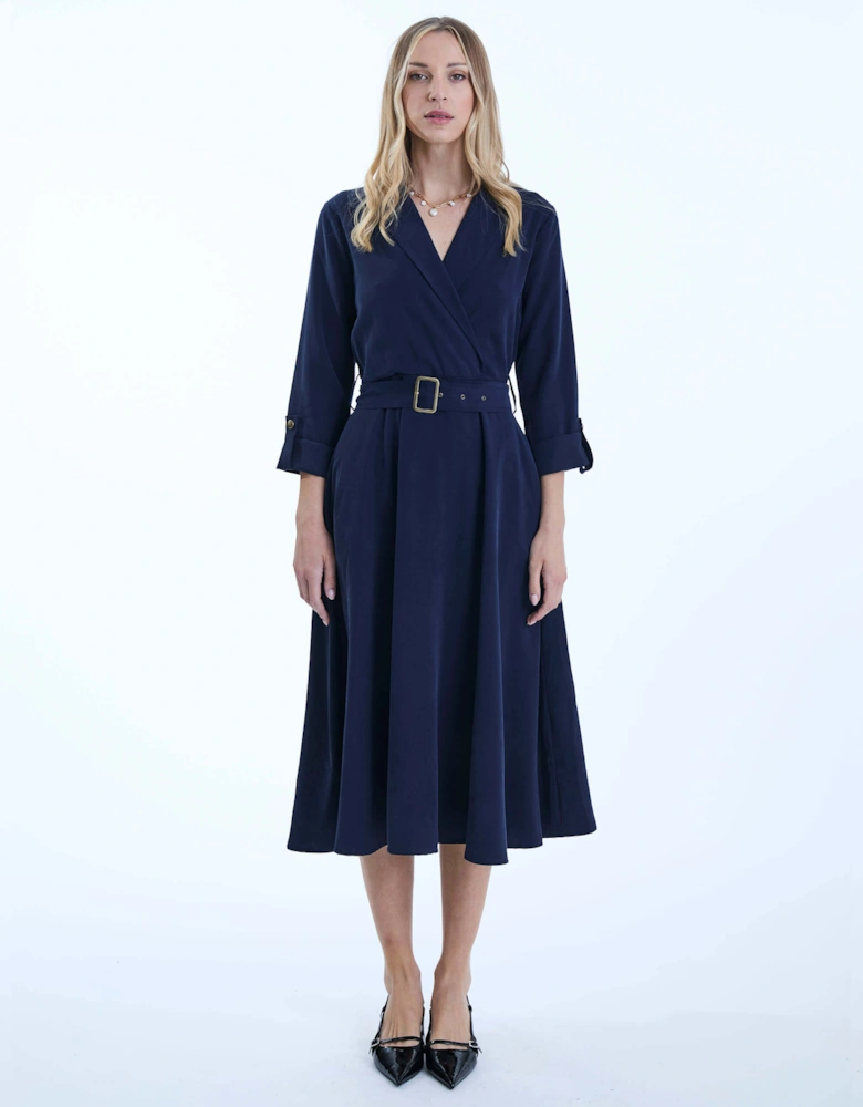 Belted Navy Suit Midi Dress