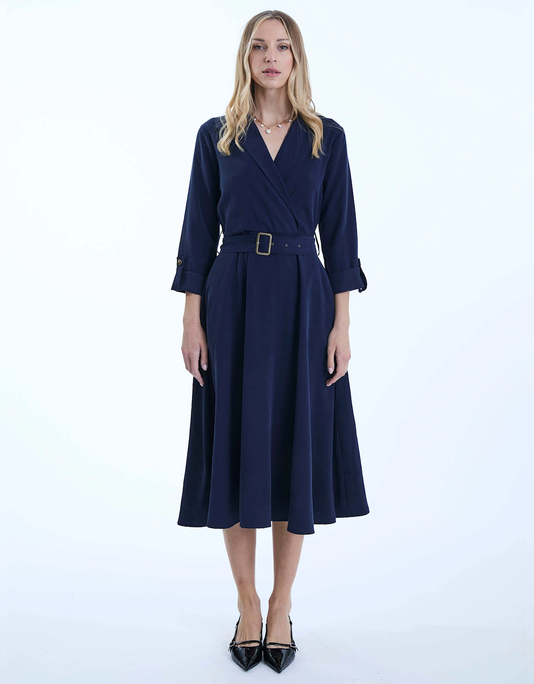 Belted Navy Suit Midi Dress, 2 of 1