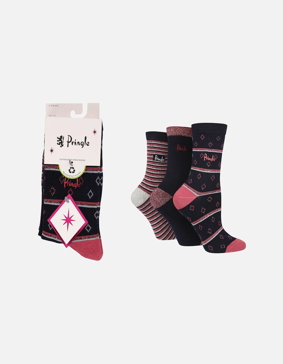 3PK 4-8 LADIES SOCKS 3PK HANGING GIFTBLACK WITH DIAMOND AND STRIPE, 2 of 1