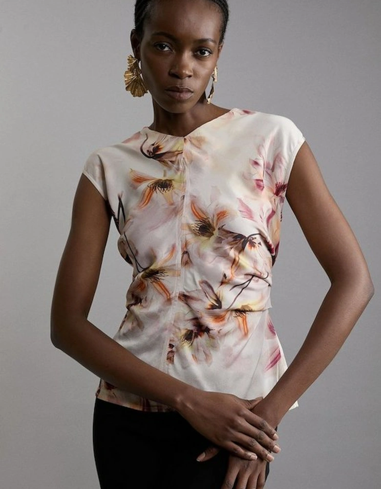 Abstract Floral Satin Crepe Woven Gathered Detail Top