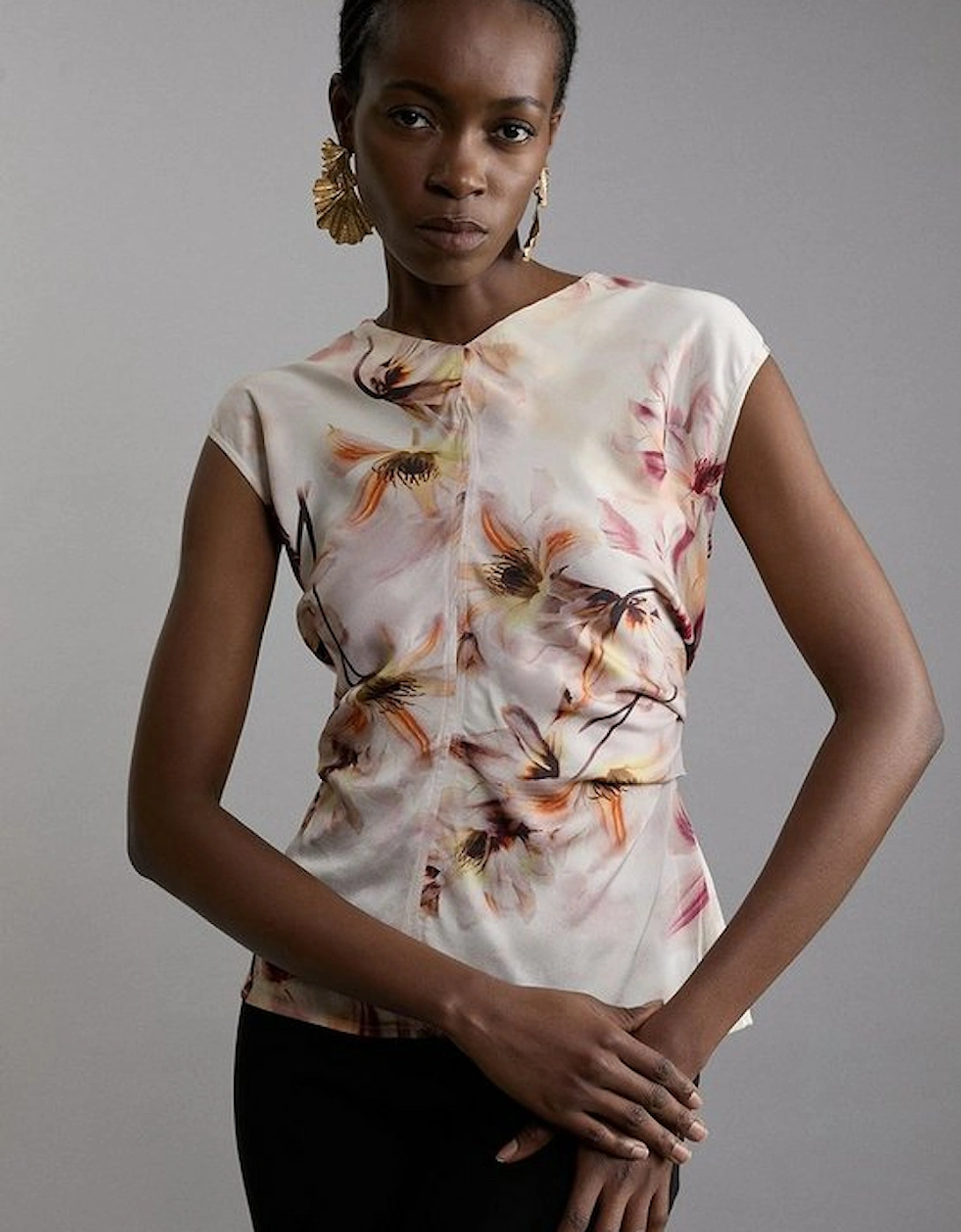 Abstract Floral Satin Crepe Woven Gathered Detail Top, 5 of 4