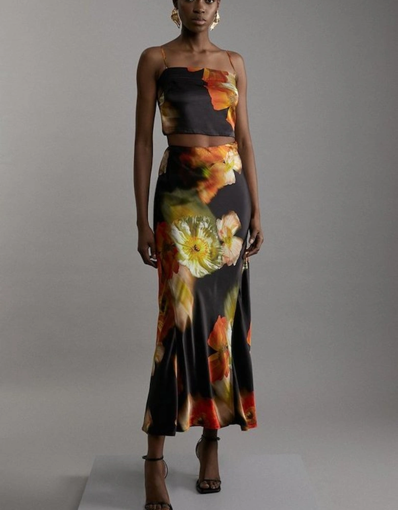 Floral Viscose Satin Top And Skirt Set