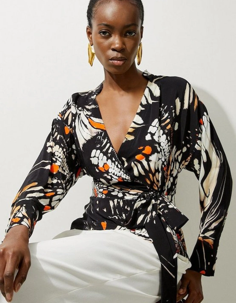 Butterfly Printed Viscose Crepe Twist Front Blouse