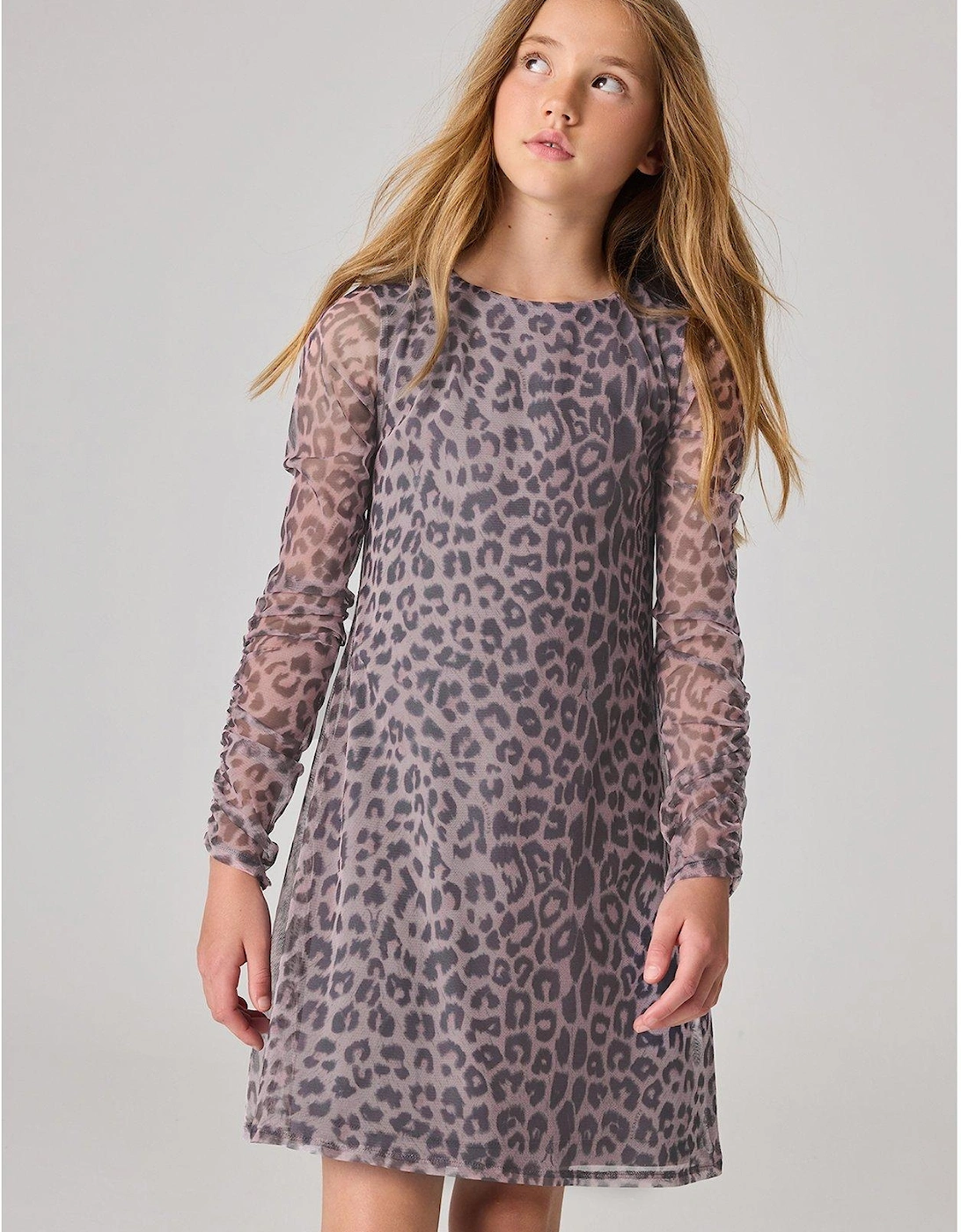 Girls Leopard Print Mesh Dress, 6 of 5