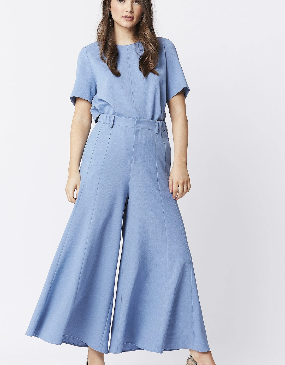 Blue Wide Leg Crepe Cropped Trouser