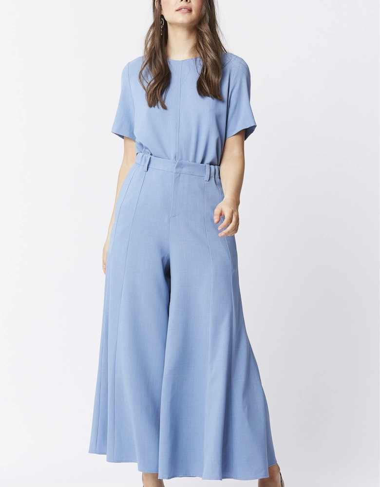 Blue Wide Leg Crepe Cropped Trouser