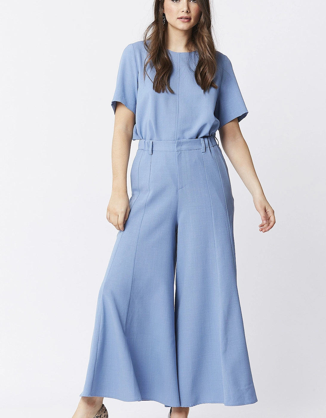 Blue Wide Leg Crepe Cropped Trouser