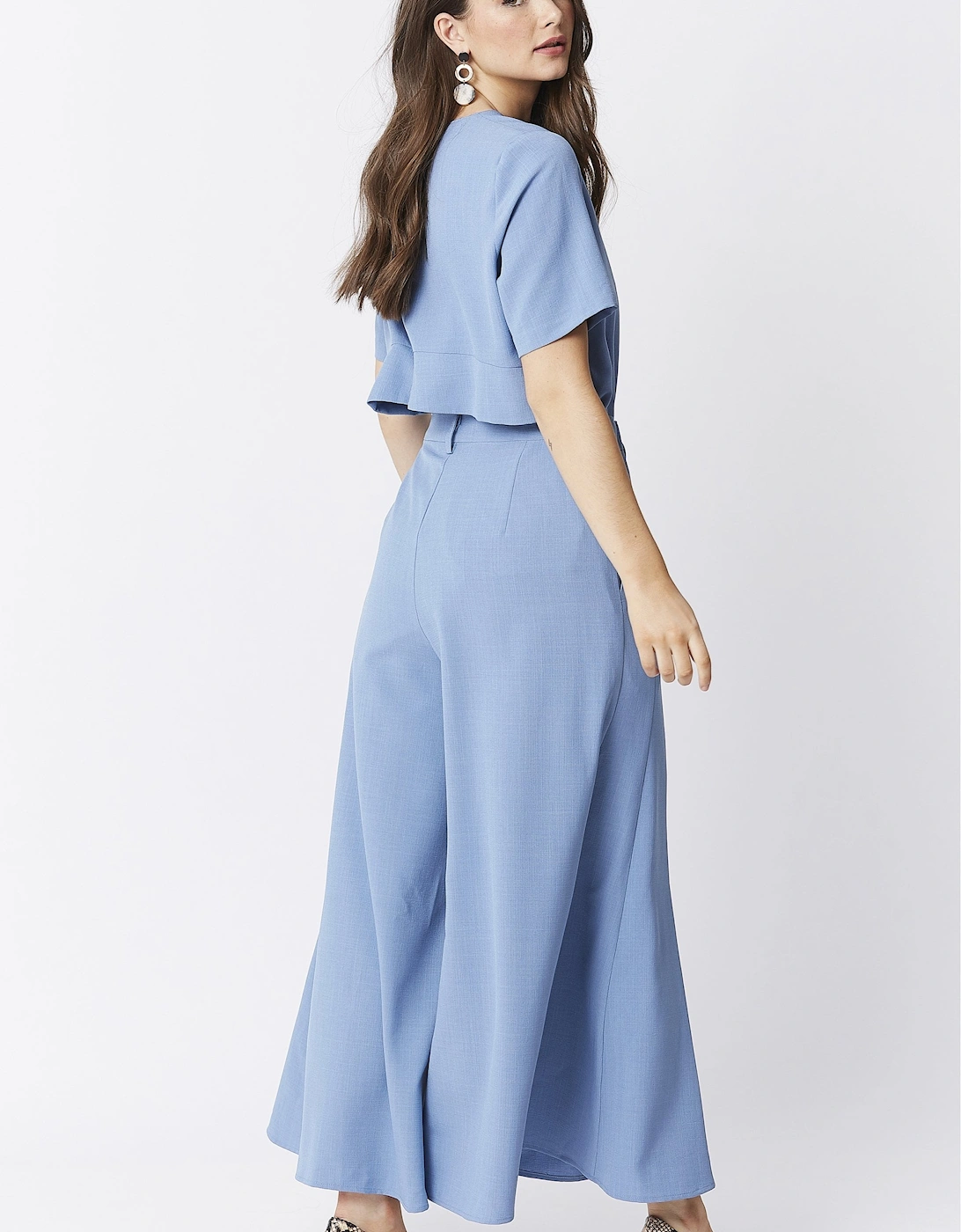 Blue Wide Leg Crepe Cropped Trouser