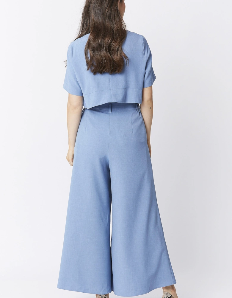 Blue Wide Leg Crepe Cropped Trouser