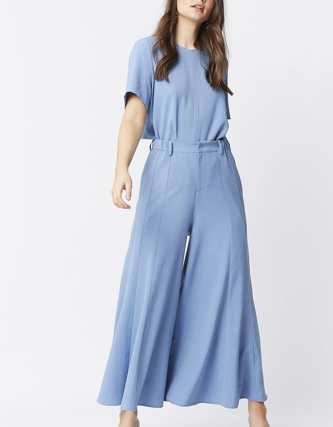 Blue Wide Leg Crepe Cropped Trouser