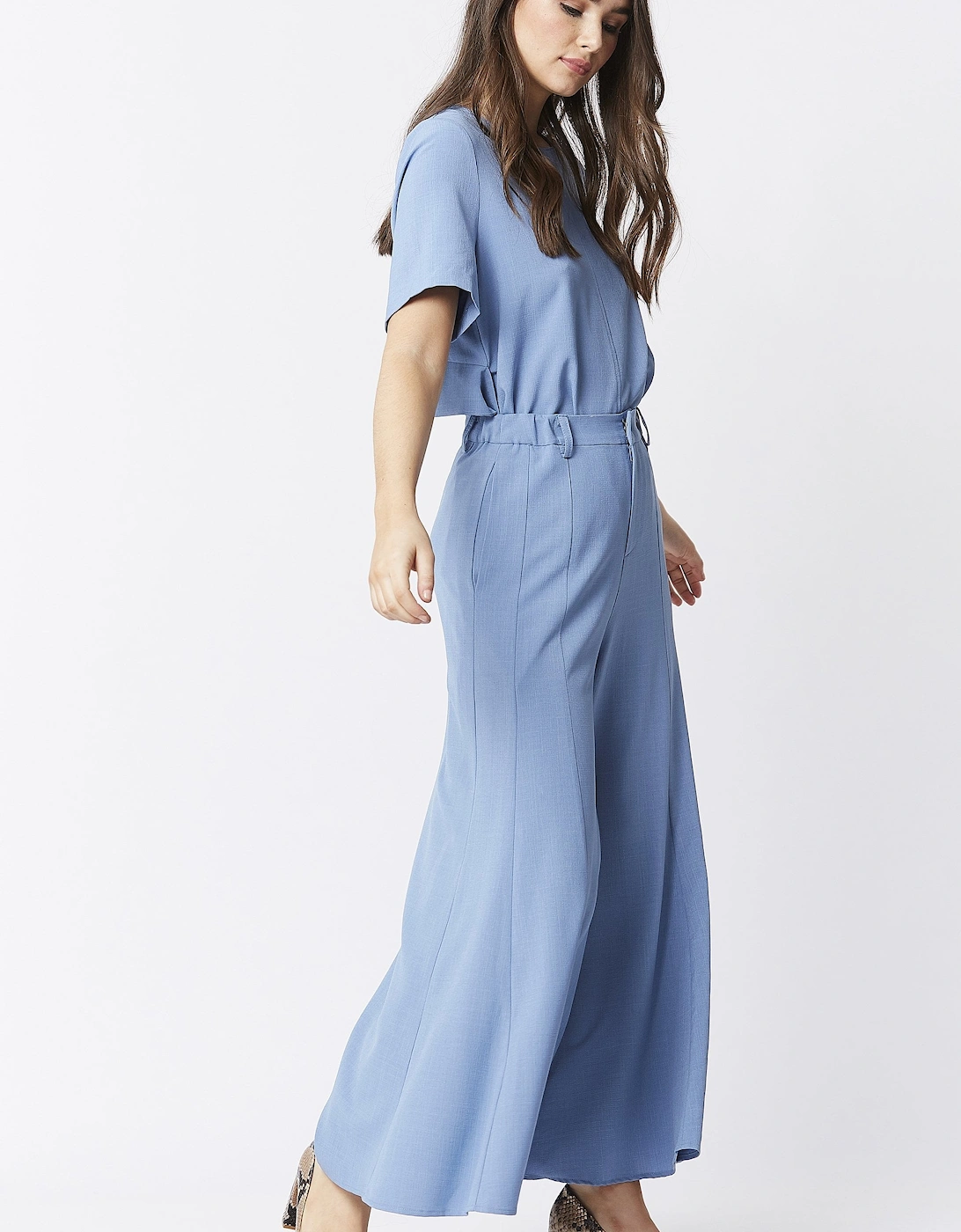 Blue Wide Leg Crepe Cropped Trouser