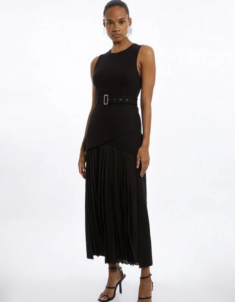 Ponte And Georgette Jersey Pleated Maxi Dress