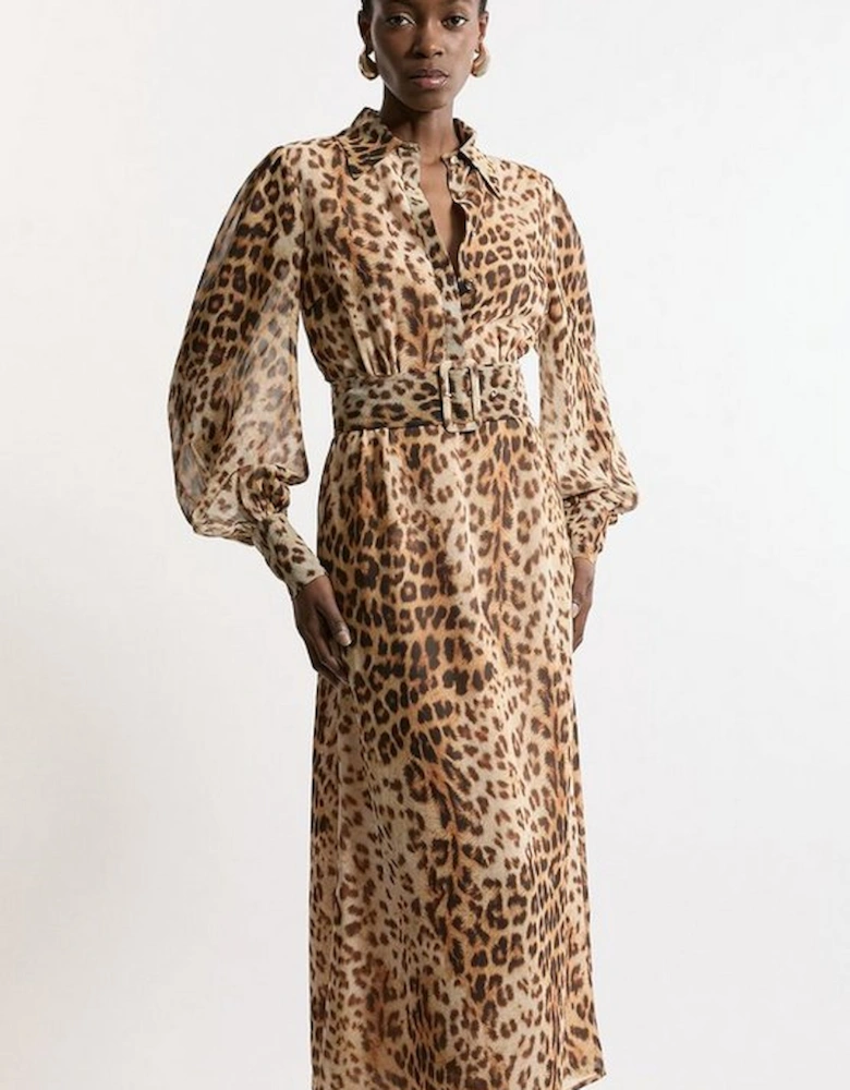 Georgette Belted Leopard Woven Shirt Dress