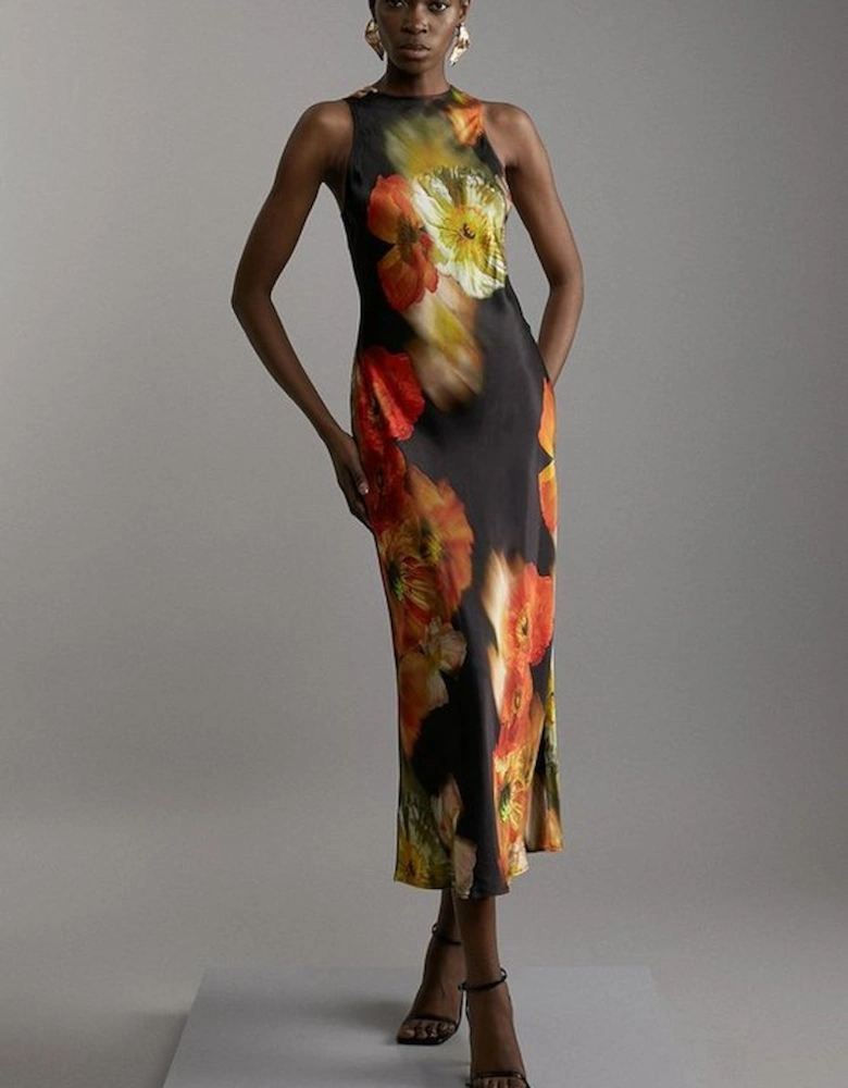 Floral Satin Woven Column Maxi Dress