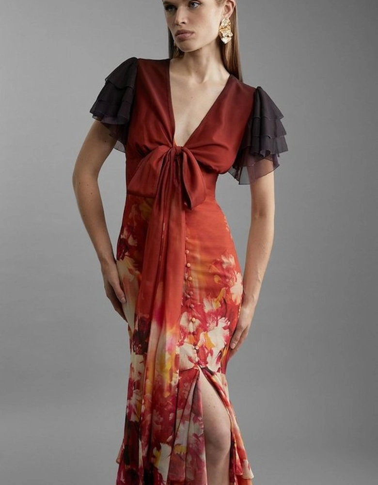 Ombre Floral Ruffle Sleeve Button Through Maxi Dress